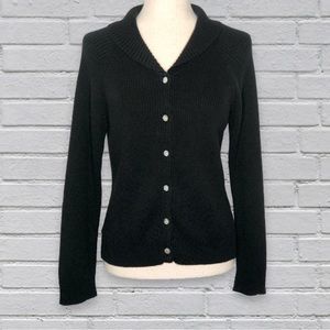 April Cornell Vintage Ribbed Black Mother of Pearl Long Sleeve Collar Sweater